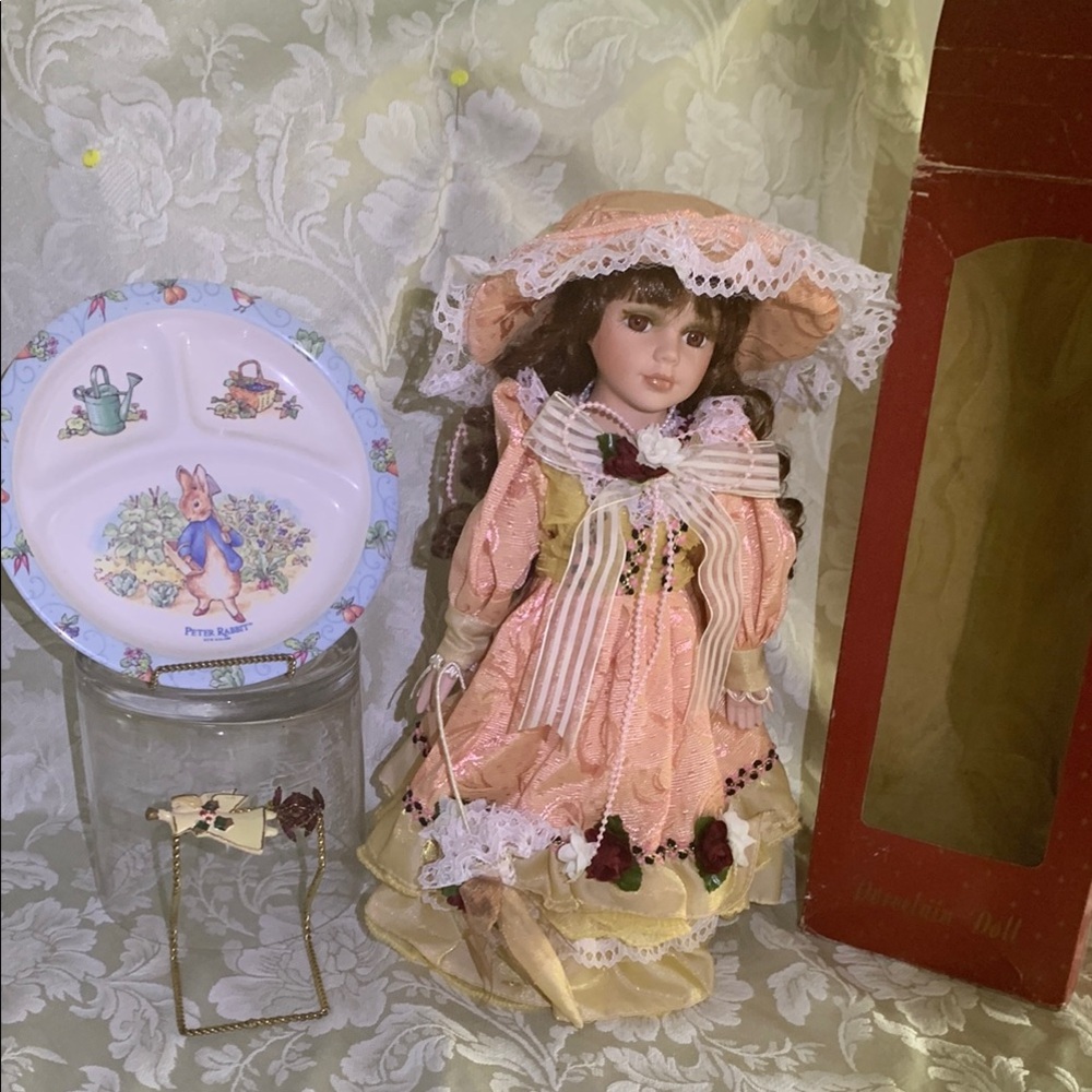 Peter Rabbit Child Dish/Angel Pin/Amethyst ClipOns/Porcelain Doll 4 Pc BUNDLE